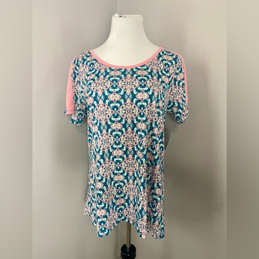 LuLaRoe Classic T Shirt NWT Blue and Pink Abstract Short Sleeve